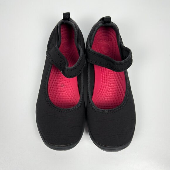 Crocs Girls Mary Jane Flats Black Pink Hook Loop Strap Size J2 Youth Shoes Kids - Picture 2 of 10